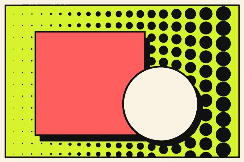 Bold halftone dot texture in black on lime with a coral block